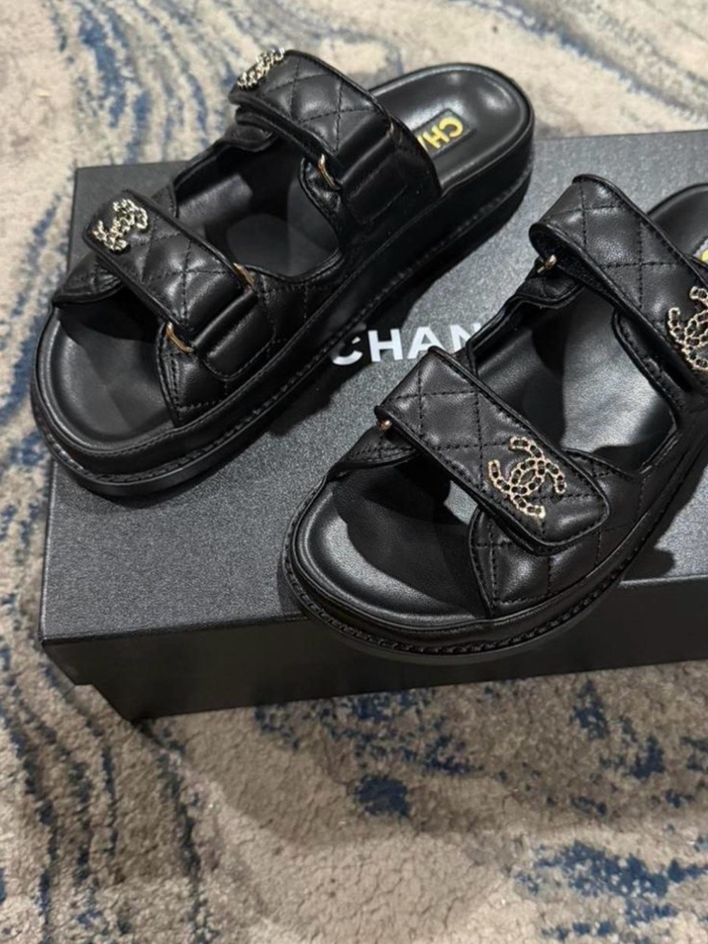 CHANEL Black Quilted Kids Slide Sandals with Gold CC Logos